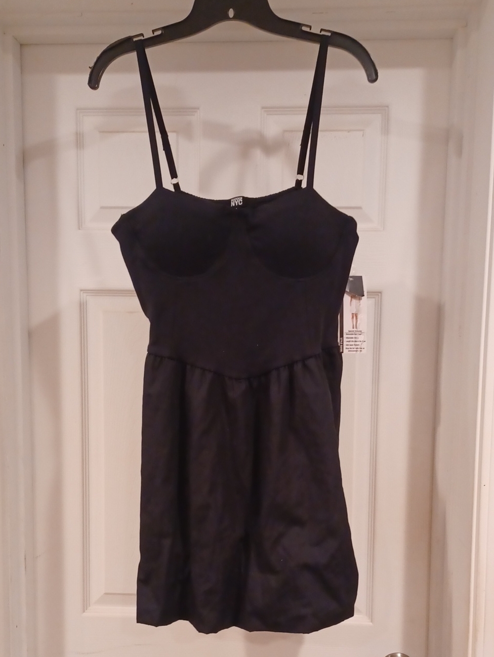 NYC Black Satin Slip with Built-In Cups and Adjustable Straps